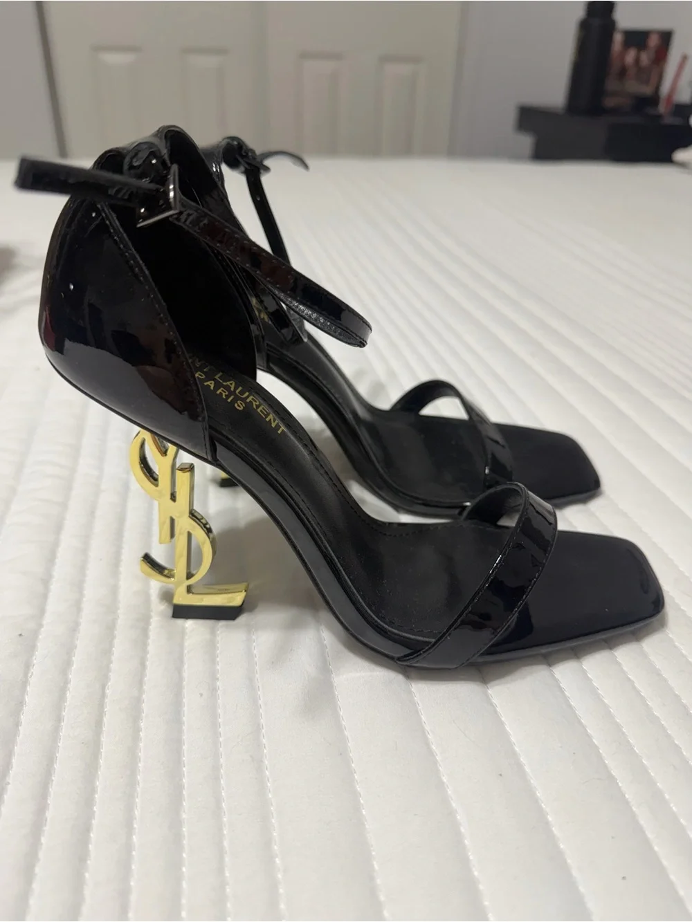 Saint Laurent Black Patent Leather Ankle-Strap Sandals with Gold YSL Logo Heels - Picture 1 of 8